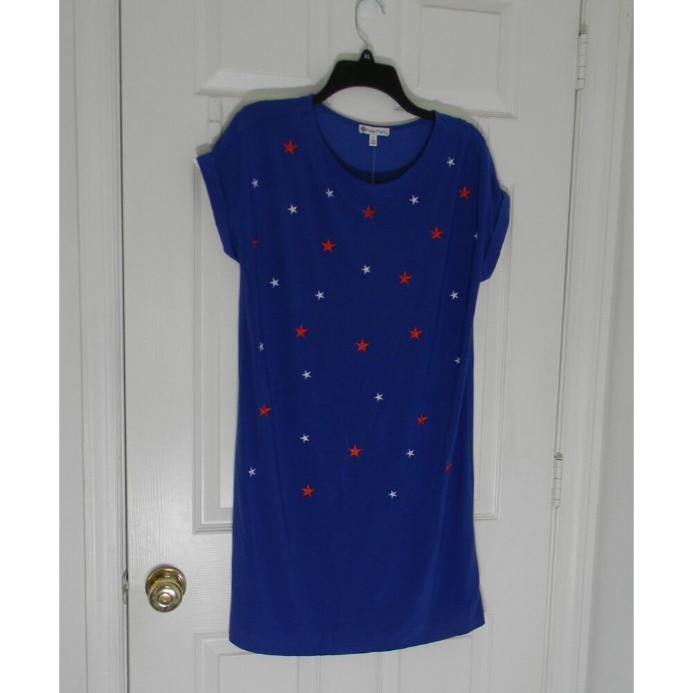 Kate Park Patriotic Dress Midi Blue w/ Red White Stars Embroidered Sz Small NWT